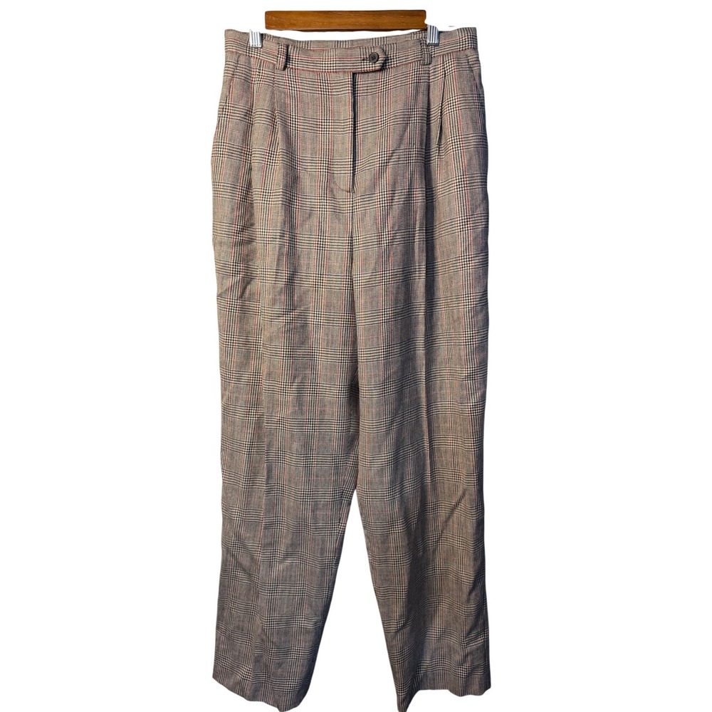 VTG Halston Trousers Grey Glen Plaid 100% Wool Pleated High Waist Pants Women 12